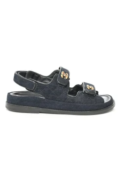 21A Blue Quilted Velvet Denim with CC logo Mule Slide Strap Flat Teva Dad Sandals