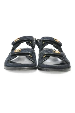 21A Blue Quilted Velvet Denim with CC logo Mule Slide Strap Flat Teva Dad Sandals