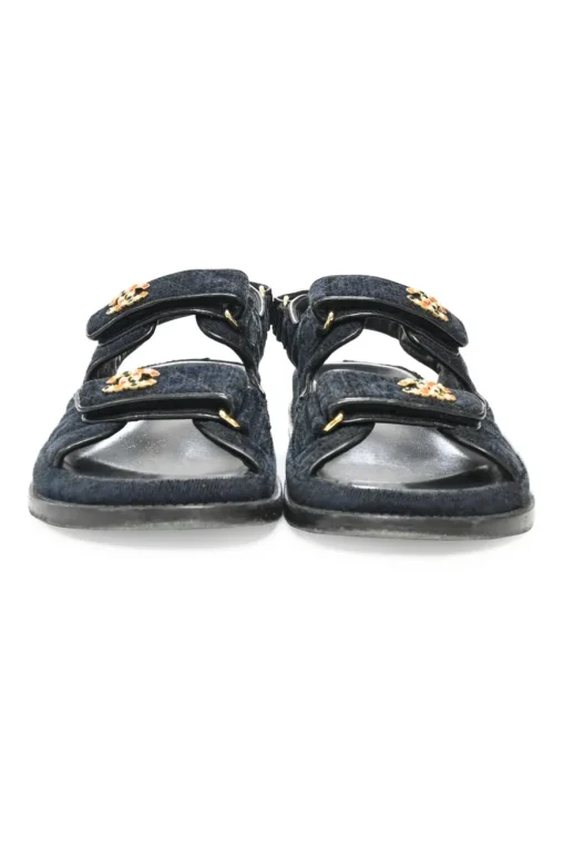 21A Blue Quilted Velvet Denim with CC logo Mule Slide Strap Flat Teva Dad Sandals
