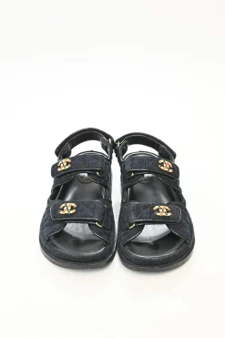 21A Blue Quilted Velvet Denim with CC logo Mule Slide Strap Flat Teva Dad Sandals