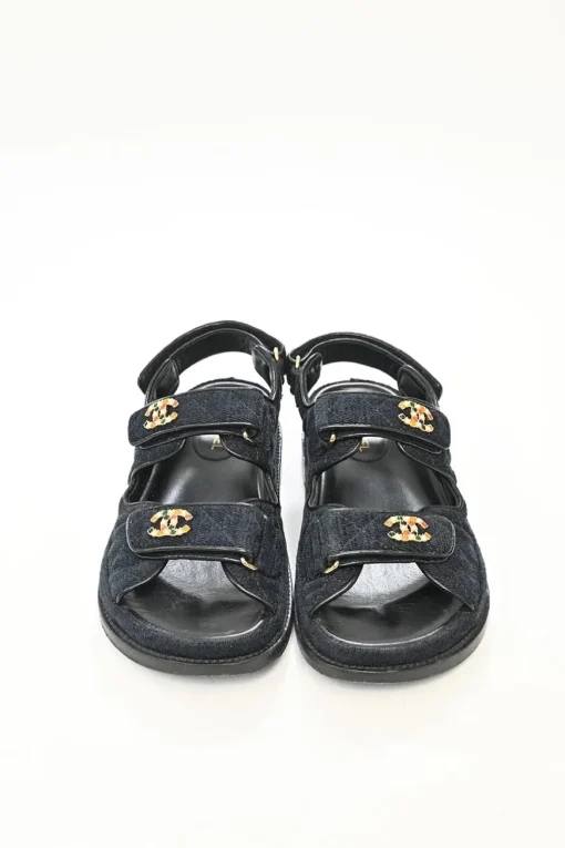 21A Blue Quilted Velvet Denim with CC logo Mule Slide Strap Flat Teva Dad Sandals