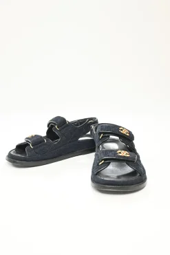 21A Blue Quilted Velvet Denim with CC logo Mule Slide Strap Flat Teva Dad Sandals