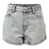Acid wash crystal-embellished pinstripe denim high-rise shorts