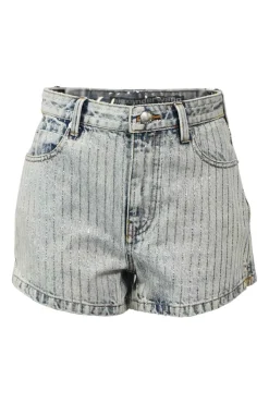 Acid wash crystal-embellished pinstripe denim high-rise shorts