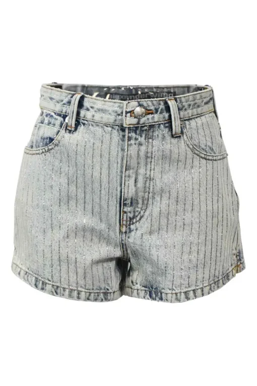 Acid wash crystal-embellished pinstripe denim high-rise shorts