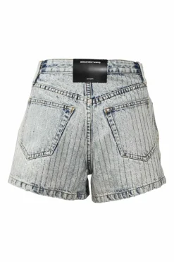 Acid wash crystal-embellished pinstripe denim high-rise shorts
