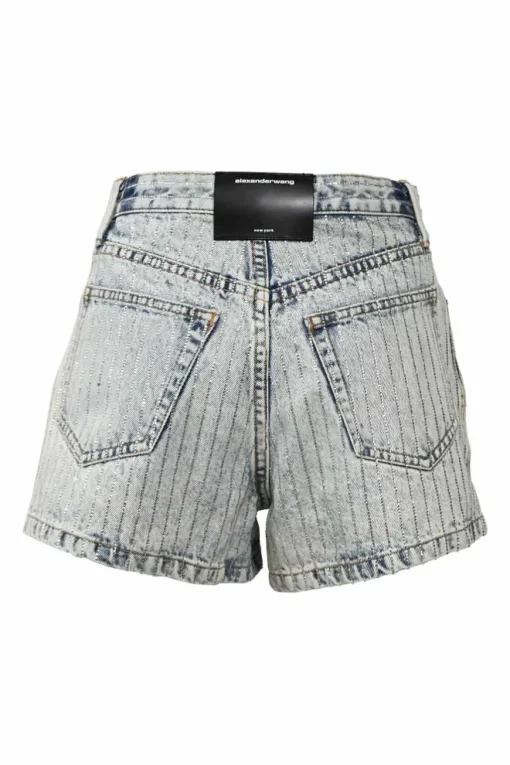 Acid wash crystal-embellished pinstripe denim high-rise shorts