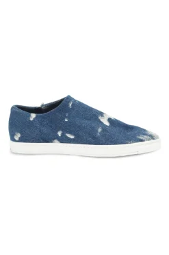 Acid-washed indigo cotton denim and rubber pointed-toe flatform slip-on sneakers