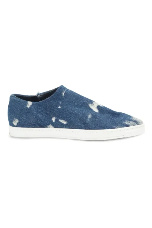 Acid-washed indigo cotton denim and rubber pointed-toe flatform slip-on sneakers