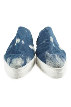 Acid-washed indigo cotton denim and rubber pointed-toe flatform slip-on sneakers