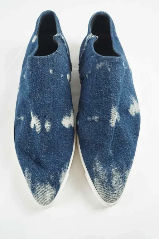 Acid-washed indigo cotton denim and rubber pointed-toe flatform slip-on sneakers