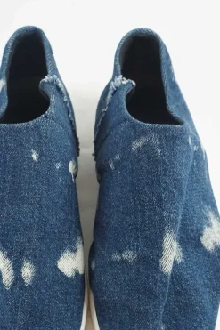 Acid-washed indigo cotton denim and rubber pointed-toe flatform slip-on sneakers