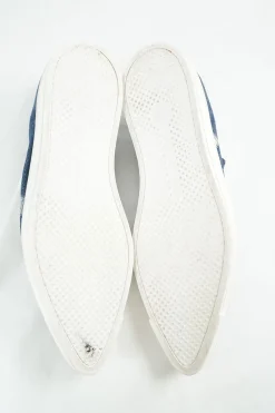 Acid-washed indigo cotton denim and rubber pointed-toe flatform slip-on sneakers