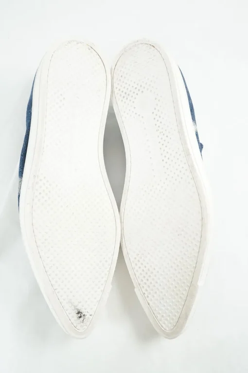 Acid-washed indigo cotton denim and rubber pointed-toe flatform slip-on sneakers
