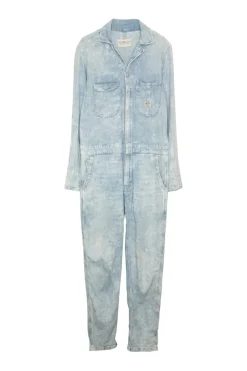 Acid-washed indigo cotton-linen blend denim slouchy slip-on workwear-inspired coveralls