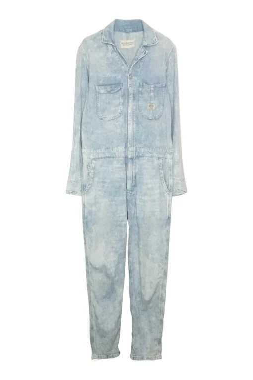 Acid-washed indigo cotton-linen blend denim slouchy slip-on workwear-inspired coveralls