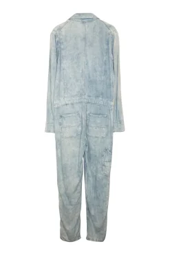 Acid-washed indigo cotton-linen blend denim slouchy slip-on workwear-inspired coveralls