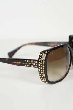 Alexander McQueen oversized gold tone metallic embellished brown shade lenses tortoise acetate sunglasses