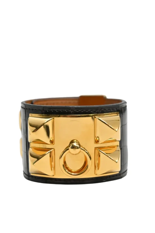 Alligator skin and gold-plated metal Collier de Chien bracelet featuring Medor pyramid studs and ring