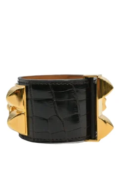 Alligator skin and gold-plated metal Collier de Chien bracelet featuring Medor pyramid studs and ring