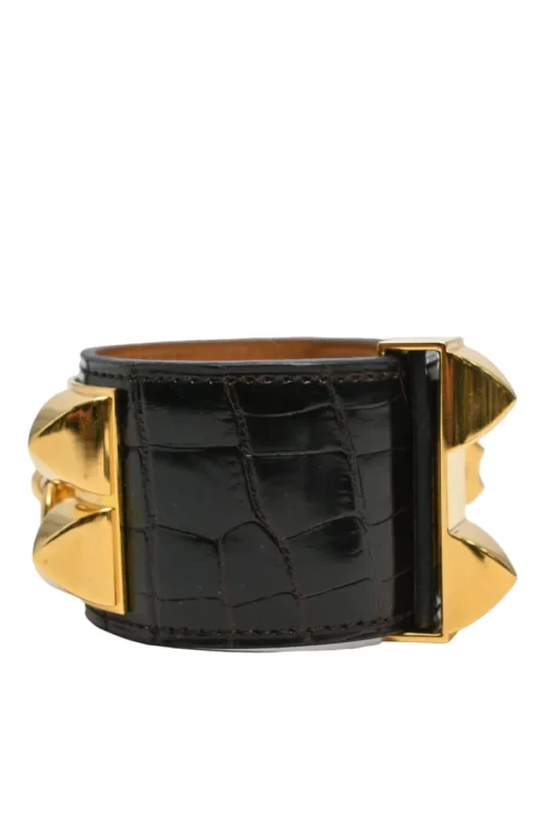 Alligator skin and gold-plated metal Collier de Chien bracelet featuring Medor pyramid studs and ring