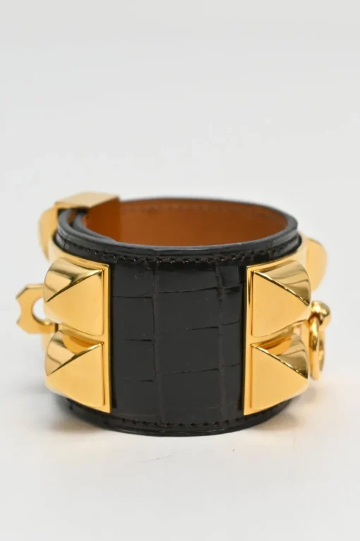 Alligator skin and gold-plated metal Collier de Chien bracelet featuring Medor pyramid studs and ring