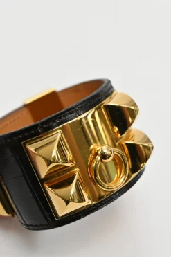 Alligator skin and gold-plated metal Collier de Chien bracelet featuring Medor pyramid studs and ring