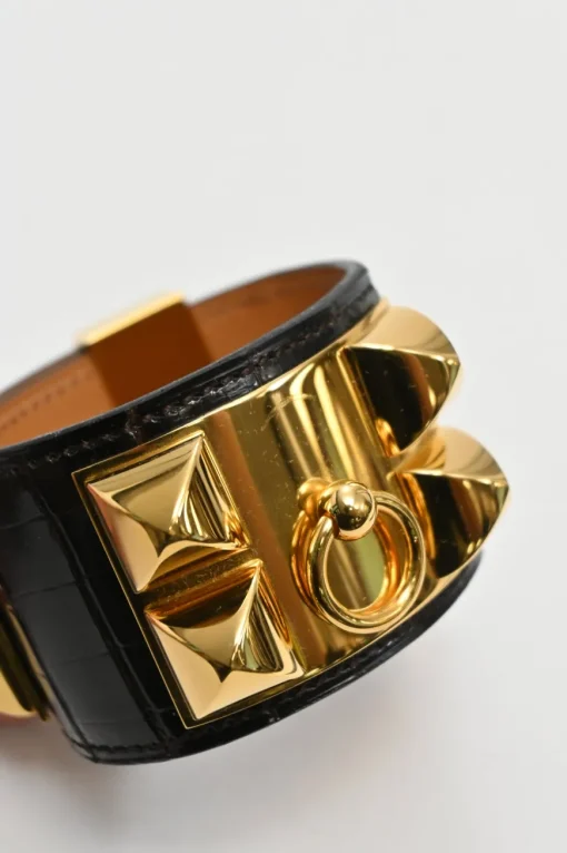 Alligator skin and gold-plated metal Collier de Chien bracelet featuring Medor pyramid studs and ring