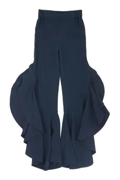 Anthracite blue acetate-blend crêpe pull-on high-rise side-ruffle vented flared pants