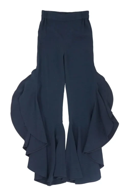 Anthracite blue acetate-blend crêpe pull-on high-rise side-ruffle vented flared pants