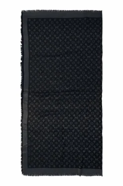 Anthracite blue and charcoal silk-blend monogram jacquard fringe shawl scarf