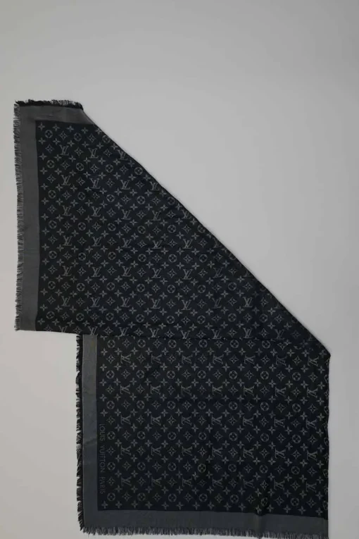 Anthracite blue and charcoal silk-blend monogram jacquard fringe shawl scarf