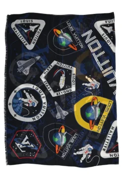 Anthracite blue cashmere-silk blend novelty outer space print shawl scarf