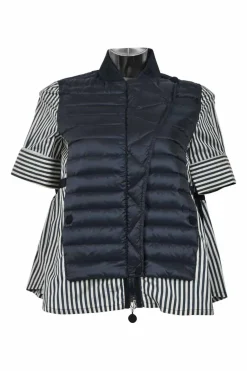 Anthracite blue polyester mixed-media striped poplin cropped zip-up swing jacket with quilted bib insert