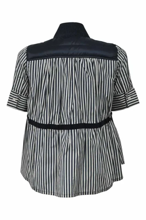 Anthracite blue polyester mixed-media striped poplin cropped zip-up swing jacket with quilted bib insert