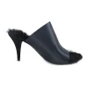 Anthracite blue satin and rabbit fur-lined leather open-toe heeled mules