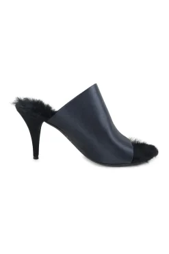 Anthracite blue satin and rabbit fur-lined leather open-toe heeled mules