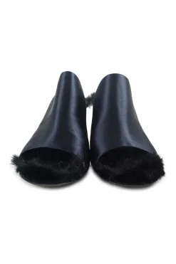 Anthracite blue satin and rabbit fur-lined leather open-toe heeled mules