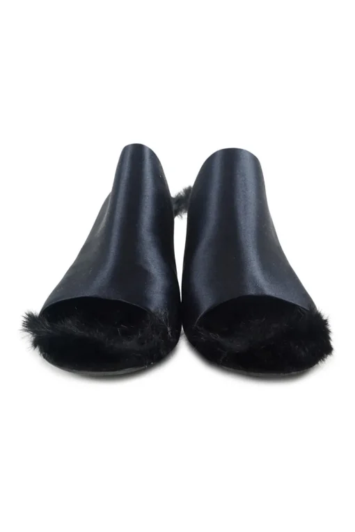 Anthracite blue satin and rabbit fur-lined leather open-toe heeled mules