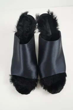 Anthracite blue satin and rabbit fur-lined leather open-toe heeled mules