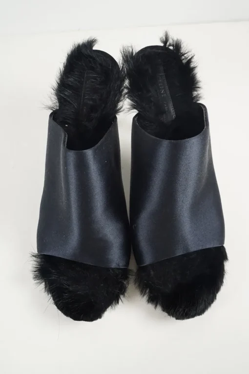 Anthracite blue satin and rabbit fur-lined leather open-toe heeled mules