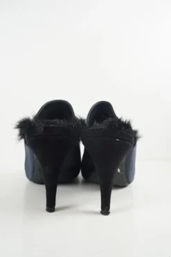 Anthracite blue satin and rabbit fur-lined leather open-toe heeled mules