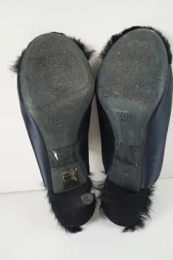 Anthracite blue satin and rabbit fur-lined leather open-toe heeled mules