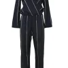 Anthracite embroidered stripe acetate-blend Panti wrap-effect plunge neck straight-leg jumpsuit