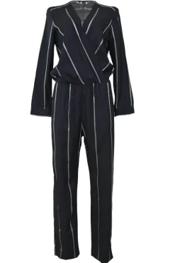 Anthracite embroidered stripe acetate-blend Panti wrap-effect plunge neck straight-leg jumpsuit