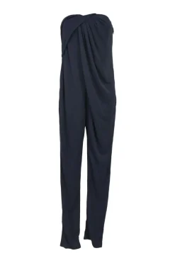 Anthracite twist-draped viscose-blend strapless tapered leg jumpsuit