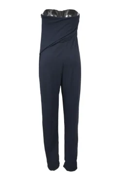 Anthracite twist-draped viscose-blend strapless tapered leg jumpsuit