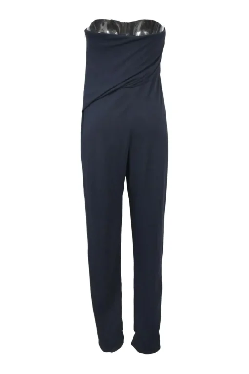 Anthracite twist-draped viscose-blend strapless tapered leg jumpsuit
