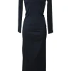Anthracite wool-blend jersey long sleeve paneled blouse and slip skirt two-piece knit set