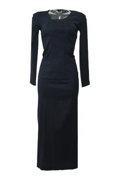 Anthracite wool-blend jersey long sleeve paneled blouse and slip skirt two-piece knit set